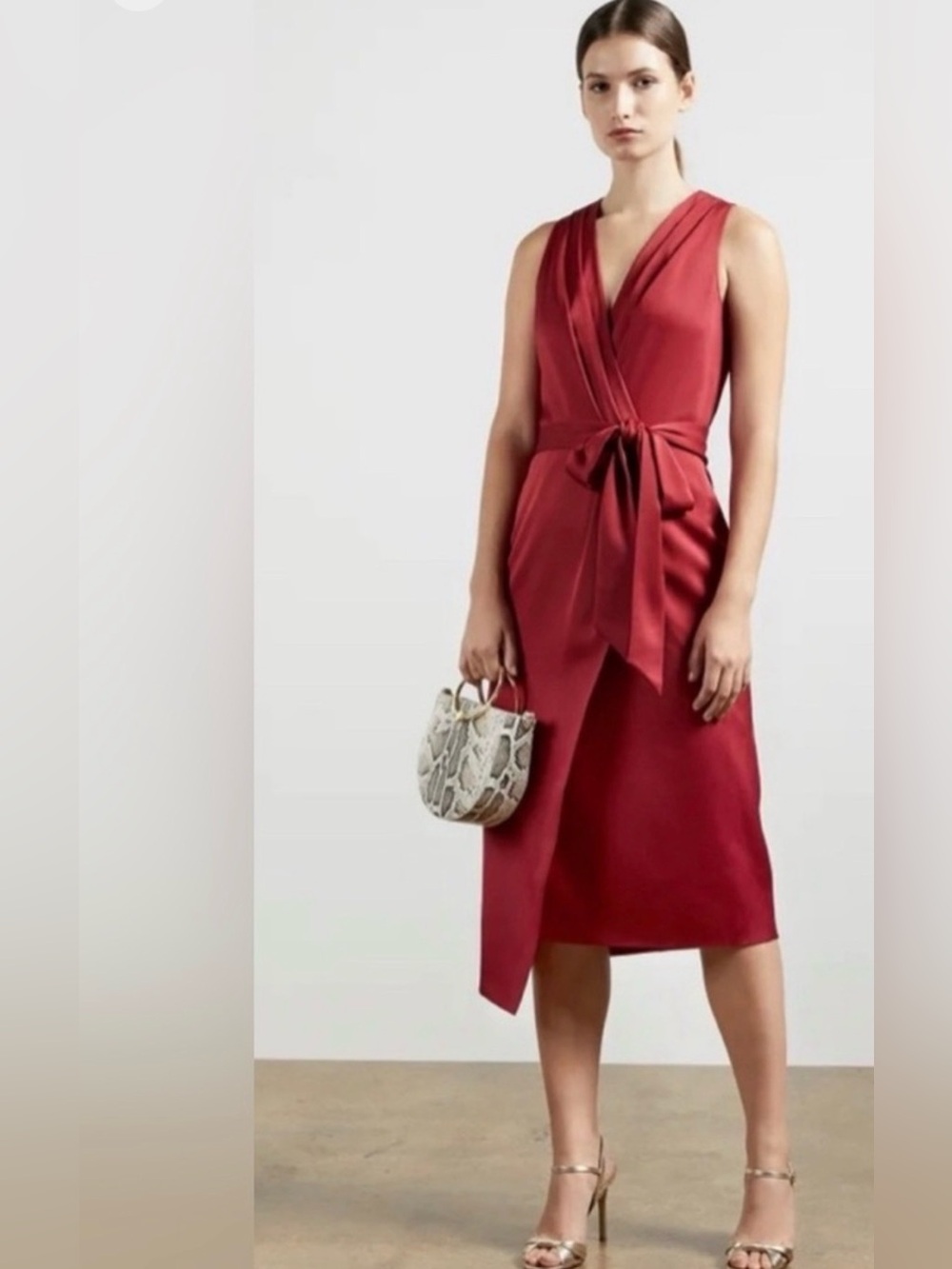 Ted Baker London Sleeveless Red Wrap Midi Dress with No Waist Tie